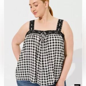 NWT Torrid Washable Gauze Crochet Lace Trim Tank cutie pie gingham cloud dancer